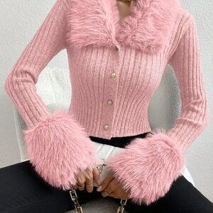 Pink Women's Casual Minimalist Patchwork Faux Fur & Pearl Button Cardigan